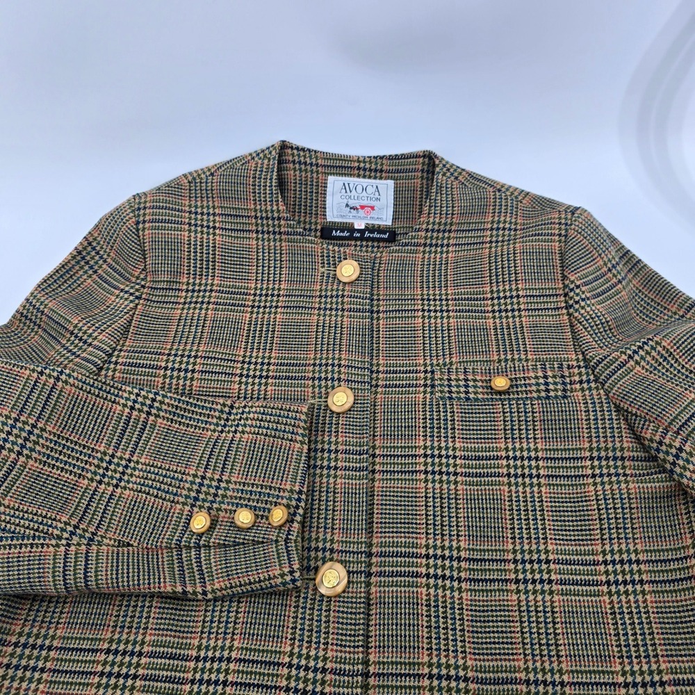 Avoca Collection Blazer Womens Glen Plaid Wool Collarless Ireland Brown Green M